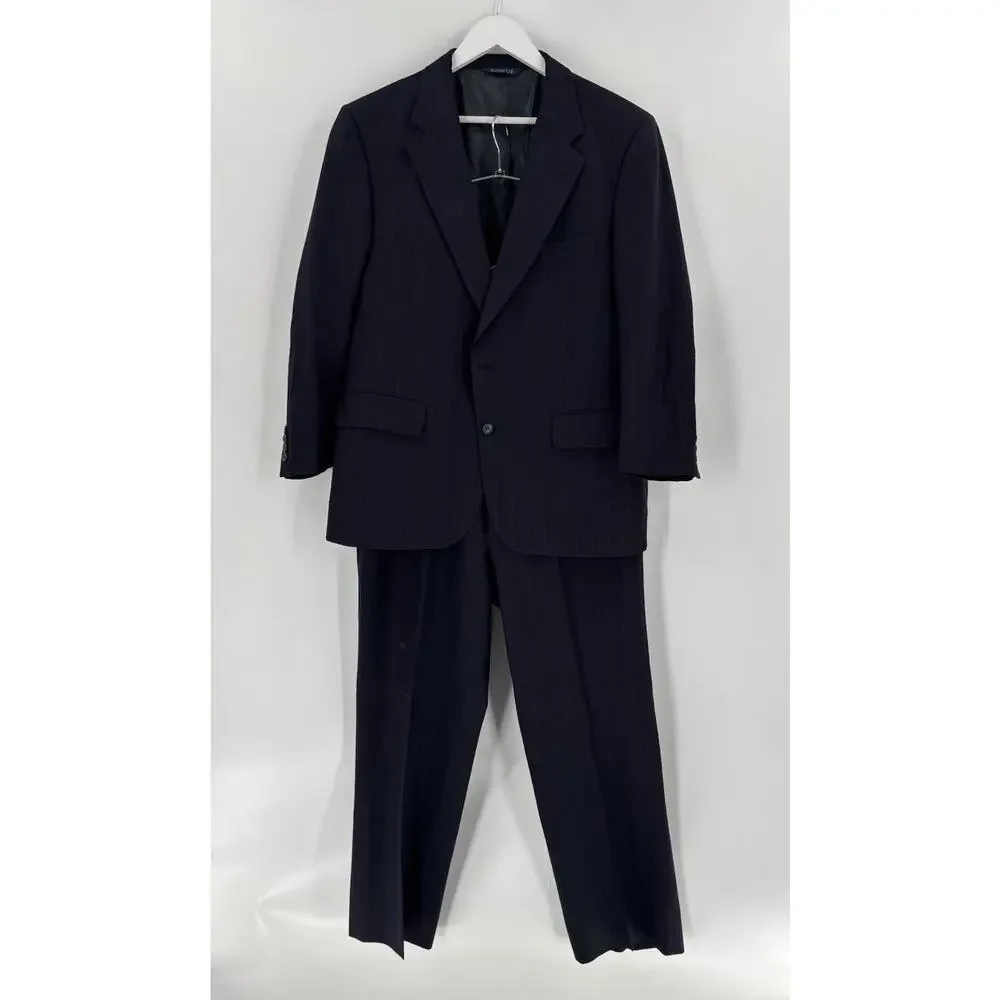 Burberrys Vintage Suit Jacket Mens 42 Blue Striped 36 Pants 2Pc 90s Classic Knit